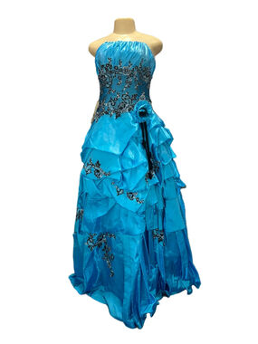 NWT Strapless Aqua Blue Ruffled Prom Dress with Black Embroidery